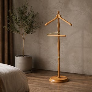 May include: A freestanding wooden valet stand featuring a smooth light brown finish, a contoured coat hanger top, a horizontal trouser bar, and a central vertical post supported by a circular base, accented with polished gold-tone metal hardware.