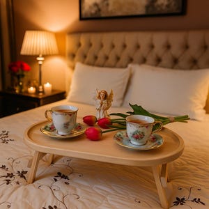 May include: A wooden breakfast tray with two teacups and saucers, a small angel figurine, and red tulips. The teacups and saucers have a floral design. The tray is on a bed with a floral patterned comforter.