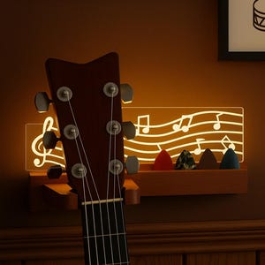 Wall-Mounted Guitar Holder with LED Light & Shelf | Guitar Hanger Rack | Music Room Decor | Gift for Guitarist | Rustic Guitar Hanger