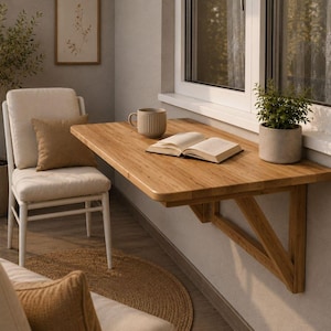 Tavolino pieghevole da balcone in legno massello di ontano / Scrivania a parete salvaspazio / Design moderno e minimalista