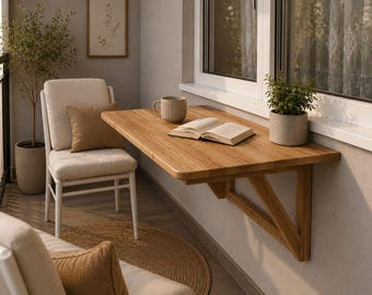 Solid Alder Folding Balcony Table | Space-Saving Wall Mount Desk | Modern Minimalist Design