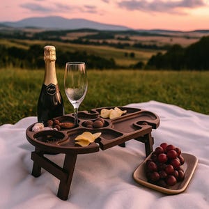 Könnte beinhalten: Ein dunkelbrauner Picknicktisch aus Holz mit einer Champagnerflasche, einem Weinglas und einem Tablett mit Snacks. Ein kleines rechteckiges Tablett enthält eine Traube roter Trauben. Der Tisch steht auf einer weißen Decke.