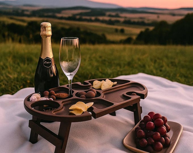 Portable Folding Wine Picnic Table, Thermally Treated Wood Serving Tray, Outdoor Snack Holder, Rustic Patio Accessory, Picnic Decor