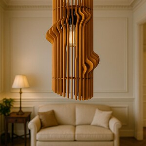 Modern Wooden Chandelier, Teak Wave Pendant Light, Handmade Ceiling Fixture, Minimalist Loft Lamp, Sculptural Home Decor image 6