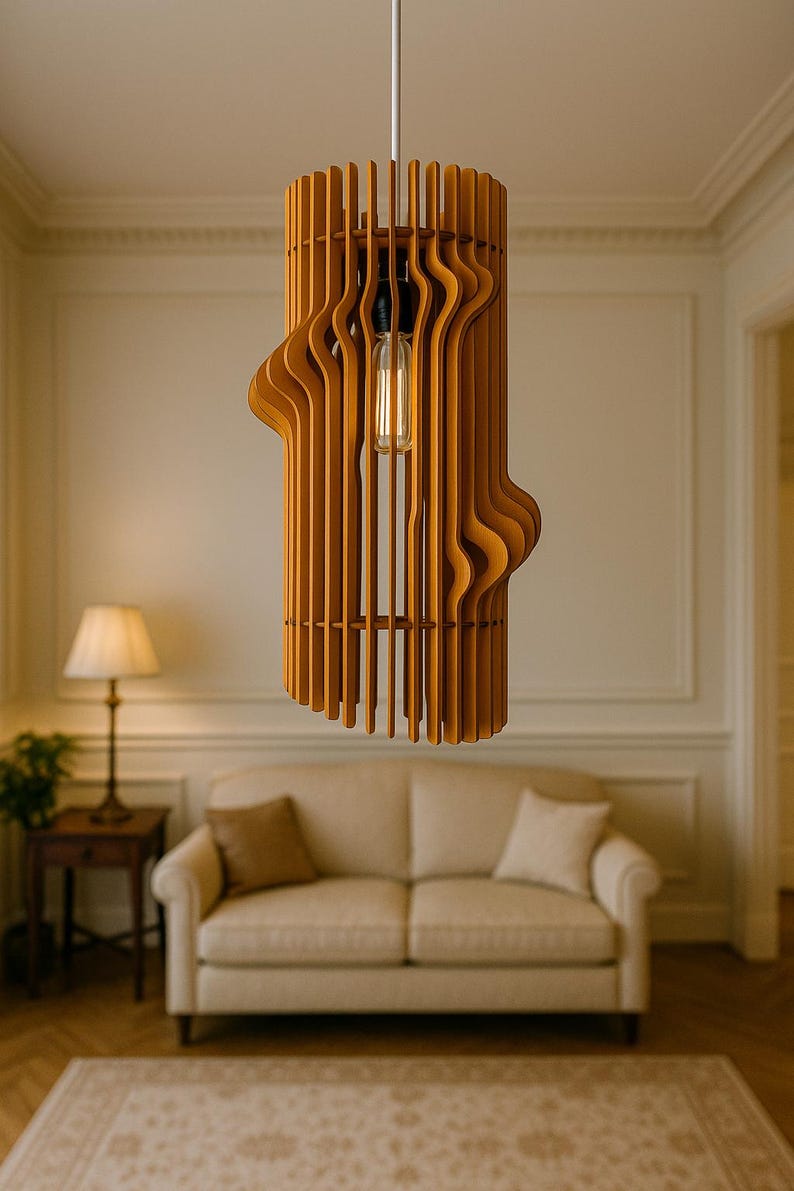 Modern Wooden Chandelier, Teak Wave Pendant Light, Handmade Ceiling Fixture, Minimalist Loft Lamp, Sculptural Home Decor image 6