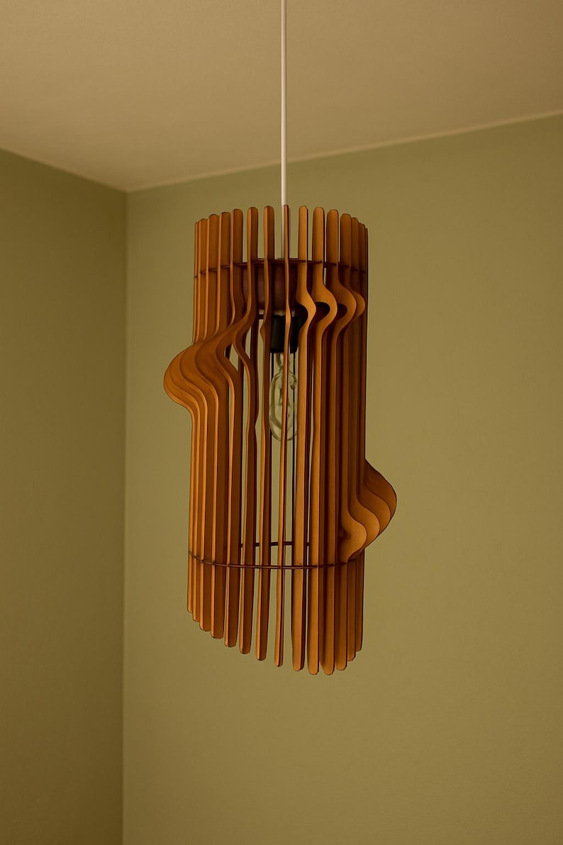 Modern Wooden Chandelier, Teak Wave Pendant Light, Handmade Ceiling Fixture, Minimalist Loft Lamp, Sculptural Home Decor image 3
