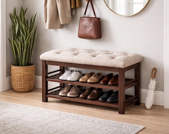 Banco zapatero de madera maciza de aliso con asiento capitoné – Mueble de almacenamiento para la entrada