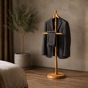 May include: A wooden valet stand with a central pole, a rounded base, and a top hanger section. A dark gray blazer is draped over the hanger, and a pair of matching dark gray trousers is folded over the horizontal bar located below the jacket.