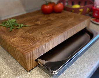 Oak End Grain Cutting Board with Steel Tray: Rustic Charcuterie Serving Platter