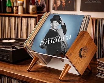 Vinyl Record Organizer Stand – Ash Wood & Acrylic LP Holder – Retro Vinyl Storage Rack for Up to 50 Records