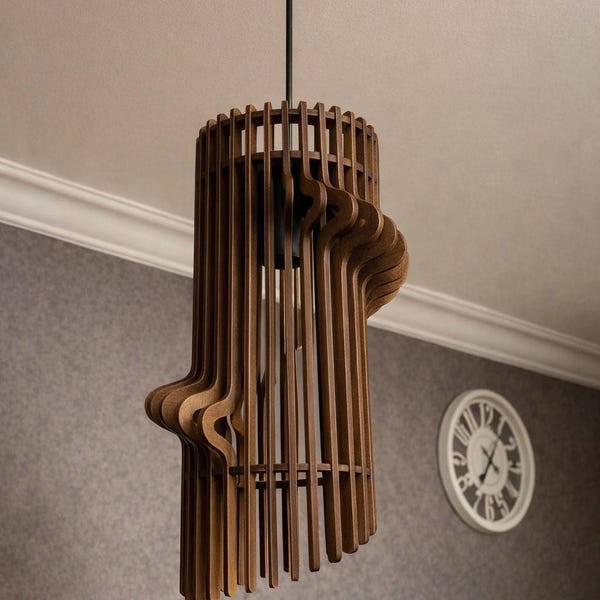 Mid Century Modern Wood Chandelier, Loft Style Ceiling Light, Rustic Pendant Lamp, Minimalist Home Decor, Handmade Fixture