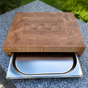 Oak Cutting Board With Tray, Large Walnut End Grain Butcher Block, Wooden Chopping Board, Juice Groove Kitchen Prep Station