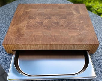 Oak Cutting Board With Tray, Large Walnut End Grain Butcher Block, Wooden Chopping Board, Juice Groove Kitchen Prep Station
