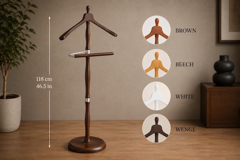 May include: A dark brown wooden valet stand with a coat hanger top and a horizontal trouser bar. The stand measures 46.5 inches in height. Four circular color swatches are displayed on the right, labeled Brown, Beech, White, and Wenge.