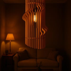 Modern Wooden Chandelier, Teak Wave Pendant Light, Handmade Ceiling Fixture, Minimalist Loft Lamp, Sculptural Home Decor image 2