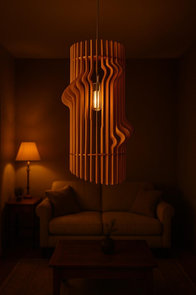 Modern Wooden Chandelier, Teak Wave Pendant Light, Handmade Ceiling Fixture, Minimalist Loft Lamp, Sculptural Home Decor image 2