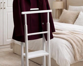 Solid Wood Valet Stand – Handmade Clothes Hanger Rack for Bedroom | Modern Men’s Butler Stand | Wooden Suit Organizer