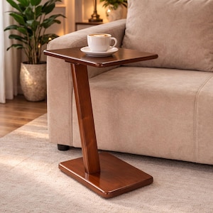 May include: A C-shaped side table made of dark brown wood with a rectangular top and a flat base. A white ceramic coffee cup sits on a matching saucer on the table surface. The table features a single angled support post connecting the top and base.