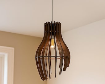 Mid Century Modern Wood Pendant Light, Handmade Wooden Chandelier, Rustic Ceiling Lamp for Dining or Living Room