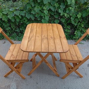 Rustic Wood Set | Wooden Folding Table and 2 Chair Bar Set | Rustic Dining Furniture | Space-Saving Patio Set | Handmade Wooden Dining Set