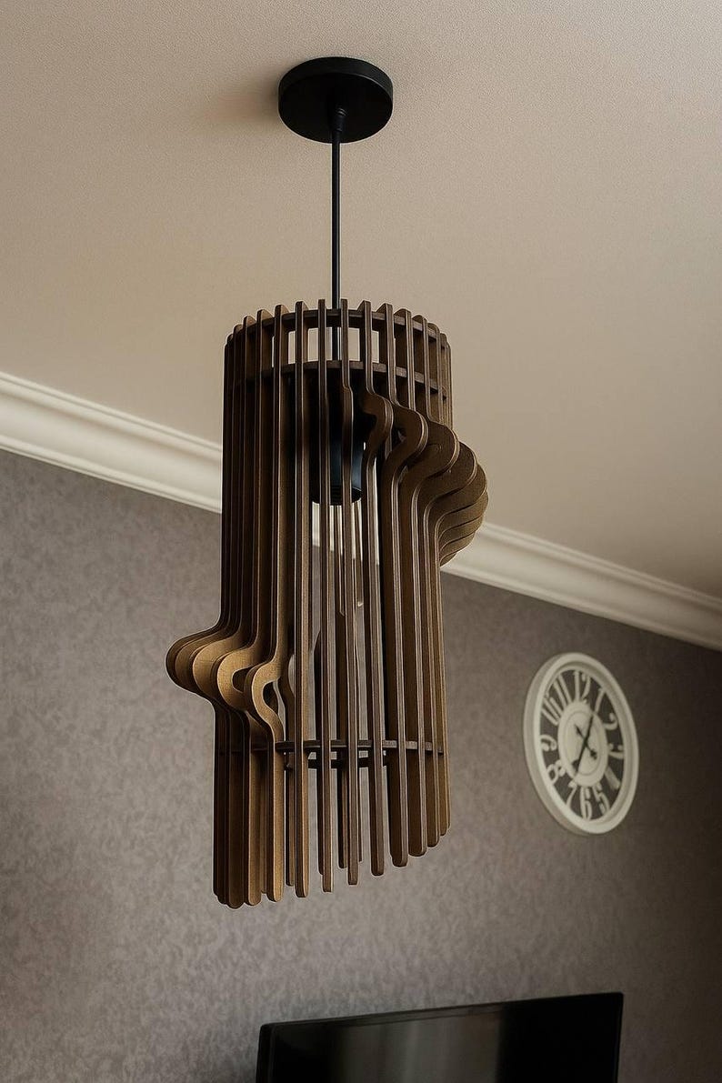 Modern Wooden Chandelier, Teak Wave Pendant Light, Handmade Ceiling Fixture, Minimalist Loft Lamp, Sculptural Home Decor Teak