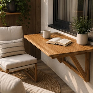 May include: A wall-mounted wooden folding table with a light brown finish, featuring a beige ceramic mug and an open book on its surface. Beside the table sits a light-coloured upholstered chair with a striped lumbar pillow and a small potted plant.