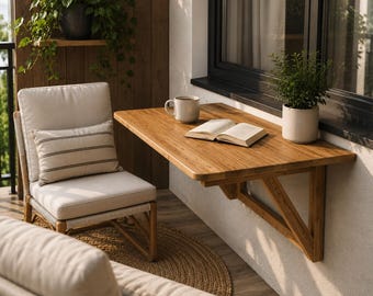 Wall Mounted Folding Balcony Table | Fold Down Patio Table | Space Saving Wooden Desk | Alden Wood | Small Balcony Table