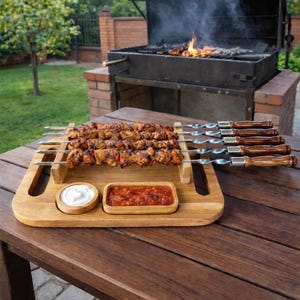 Puede incluir: Una bandeja de madera con brochetas de carne a la parrilla, dos cuencos pequeños de madera con salsas blanca y roja, y una parrilla en el fondo. Las brochetas tienen mangos de madera. La comida está sobre una mesa de madera.