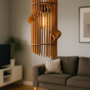 Modern Wooden Chandelier, Teak Wave Pendant Light, Handmade Ceiling Fixture, Minimalist Loft Lamp, Sculptural Home Decor Brown