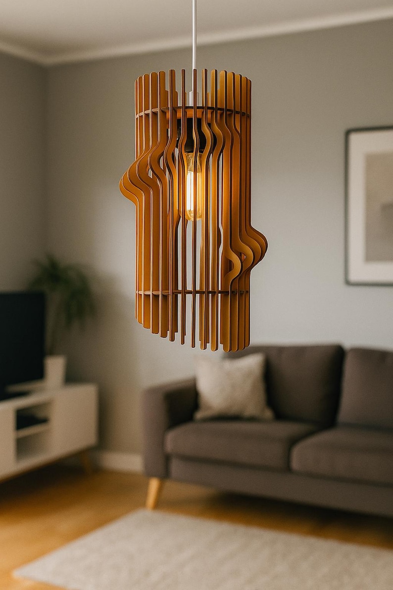 Modern Wooden Chandelier, Teak Wave Pendant Light, Handmade Ceiling Fixture, Minimalist Loft Lamp, Sculptural Home Decor Brown