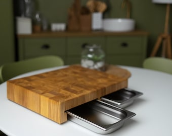 Oak Cutting Board with Steel Trays, Rustic Charcuterie Cheese Board, Wooden Serving Platter, Kitchen Entertaining Decor, Handmade Gift