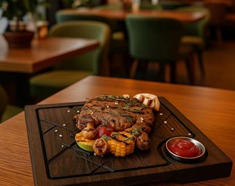 Handmade Oak Steak Board – Butcher Serving Tray with Juice Groove, Rustic Cookware