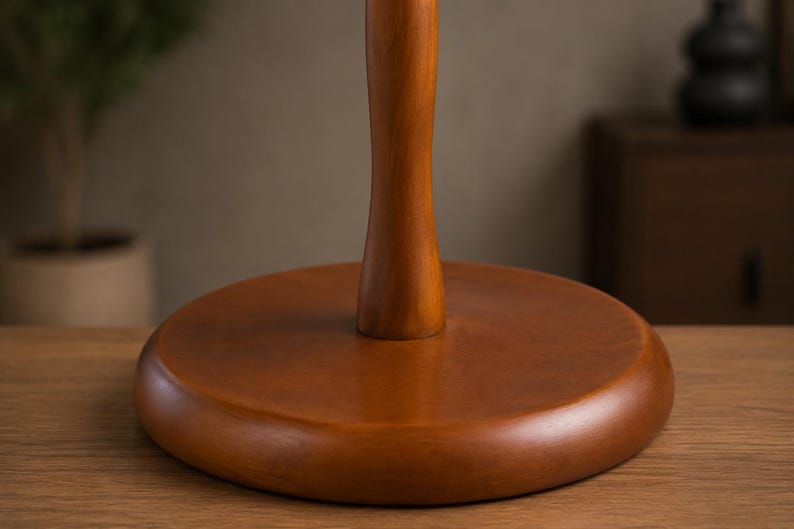 May include: A smooth, medium-brown wooden stand featuring a circular, flat base and a vertical, slightly tapered cylindrical post extending upward from the center. The wood grain is visible across the polished surface of the base and the post.