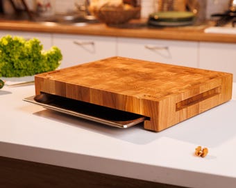 Oak cutting board with tray,Wooden cutting board,End grain cutting board,Board with container,Cutting board Engraved,End Grain Cutting Board