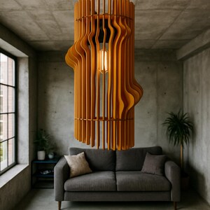 Modern Wooden Chandelier, Teak Wave Pendant Light, Handmade Ceiling Fixture, Minimalist Loft Lamp, Sculptural Home Decor image 4