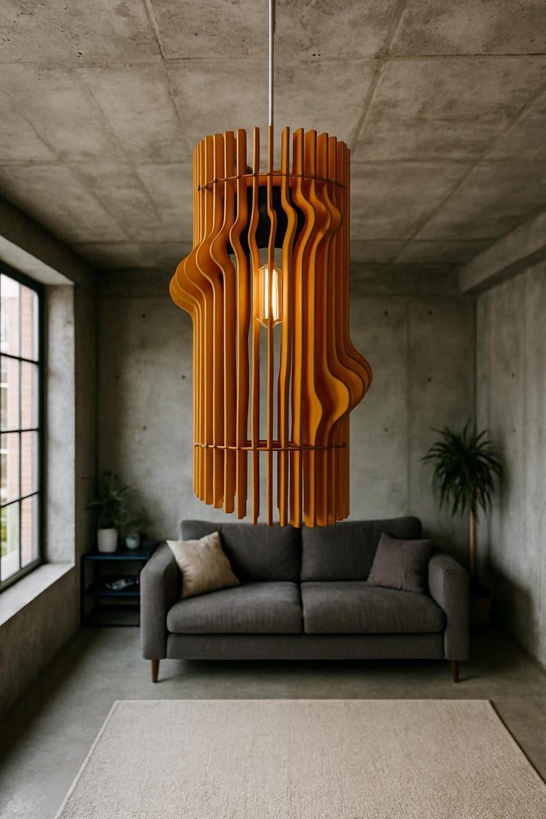 Modern Wooden Chandelier, Teak Wave Pendant Light, Handmade Ceiling Fixture, Minimalist Loft Lamp, Sculptural Home Decor image 4