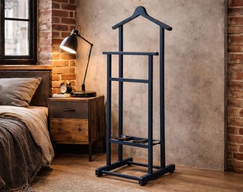 Solid Alder Wood Valet Stand, Floor Standing Butler Organizer, Bedroom Suit Storage