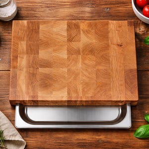 End Grain Oak Cutting Board With Stainless Steel Container Butcher Block 35x27 cm Thick Wooden Chopping Board Rustic Kitchen Chef Gift