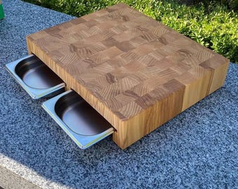 Rustic Oak Cutting Board with Steel Two Tray | Large Wooden Charcuterie Cheese Board for Serving, Entertaining & Kitchen Decor