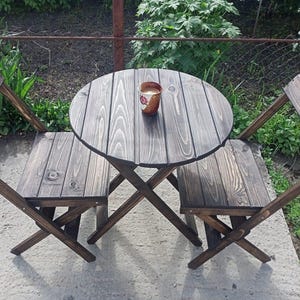 Conjunto de mesa y sillas plegables de madera, conjunto de comedor redondo de pino para patio, muebles de jardín para balcón pequeño, conjunto de comedor rústico para interiores y exteriores