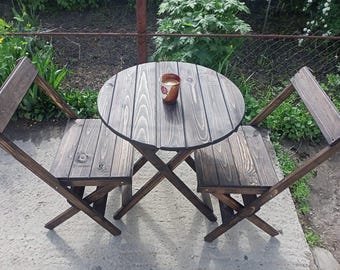 Folding Wooden Table and Chairs Set, Round Pine Patio Dining Set, Small Balcony Garden Furniture, Rustic Outdoor Indoor Dining Set