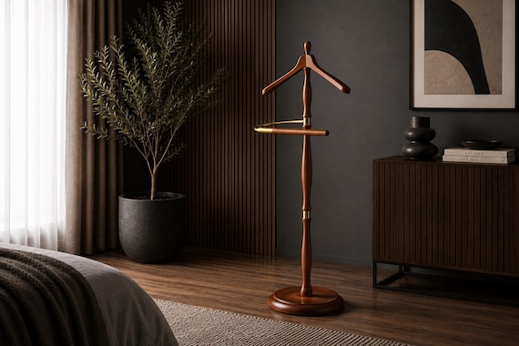 Solid Wood Valet Stand – Freestanding Suit Hanger with Pants Bar | Handmade Birch Wood Butler | Bedroom Clothes Organizer