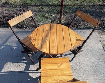 Solid Pine Folding Table and Chairs Set, Rustic Round Patio Dining Furniture