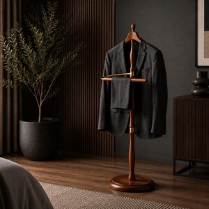 May include: A wooden valet stand with a central pole, a rounded base, and a top hanger bar. A dark gray blazer is draped over the hanger, and a pair of matching dark gray trousers is folded over the horizontal bar below the jacket.