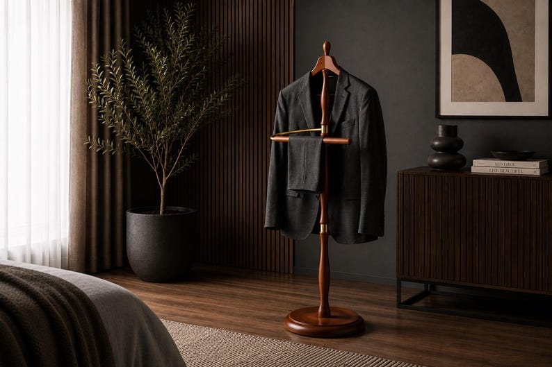May include: A wooden valet stand with a central pole, a rounded base, and a top hanger bar. A dark gray blazer is draped over the hanger, and a pair of matching dark gray trousers is folded over the horizontal bar below the jacket.