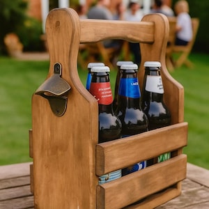 Handmade Alder Wood Beer Caddy with Bottle Opener – Rustic Craft Beer Gift, Wooden 6 Pack Holder, Groomsmen Gift, Home Bar & Man Cave Decor