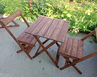 Folding Wooden Table and Chairs Set, Square Pine Patio Dining Set, Small Balcony Garden Furniture, Rustic Outdoor Indoor Dining Set