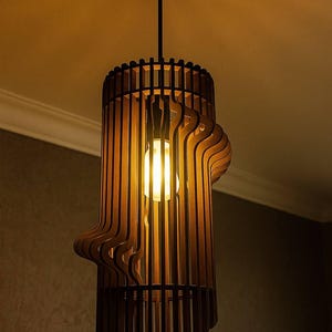 Modern Wooden Chandelier, Teak Wave Pendant Light, Handmade Ceiling Fixture, Minimalist Loft Lamp, Sculptural Home Decor image 5