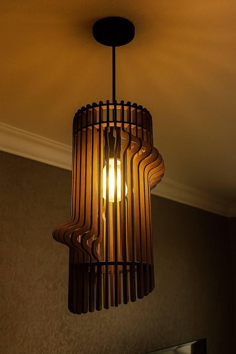 Modern Wooden Chandelier, Teak Wave Pendant Light, Handmade Ceiling Fixture, Minimalist Loft Lamp, Sculptural Home Decor image 5