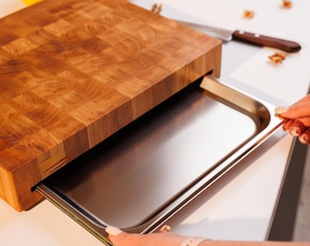 Oak End Grain Cutting Board with Steel Tray – Butcher Block Kitchen Prep Station, Handmade Wooden Chopping Board, BBQ Gift